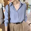 1688 Primavera Novo Estilo Coreano Cor Pura Design Leve e Maduro Manga Longa Camisa Base Camada Camisa Feminina Poli
