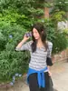 Camiseta Casual Feminina Estilo Coreano Outono Cor Blocada Listrada Versátil Solta Modeladora Gola Meio Aberta Manga Longa 11021