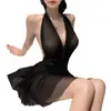 Lencería Sexy para Mujer, Lujo Ligero, Cuello Halter, Espalda Descubierta, Encaje, Transparente, Doble Capa, Gasa Suave, Ropa de Dormir para Casa
