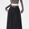 Foto real de falda de algodón Tencel para mujer, nueva falda de línea A de longitud media vintage para otoño 2026 que cubre las caderas y tiene un dobladillo grande