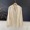 Blusa de Algodón y Lino de Manga Larga con Puños Elásticos, Mangas de Farol, Corte Holgado, Botones Pequeños, Protección Solar, 2025