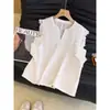 Blusa de Linho Branca com Renda Vazada e Mangas Fluidas para Mulheres, Novo Estilo de Verão, Camisa Fina Elegante e Emagrecedora com Decote V