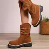 Botas Vaqueras Bordadas Retro de Gran Tamaño con Corte en V para Mujer 2025, Botas de Montar Marrones de Tacón Cuadrado hasta la Mitad de la Pantorrilla para Otoño e Invierno