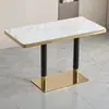 Mesa y Sillas de Comedor de Losa de Roca con Bordes Dorados, Taburetes de Madera Maciza, Juego de Mesa y Sillas para Restaurante, Cafetería o Tienda de Snacks y Bebidas para Uso Comercial