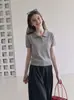 Top de punto casual simple estilo francés azul marino con cuello y manga corta para mujer, elegante para el verano, para ir al trabajo, de seda helada 10623