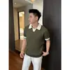 Elegante Camisa Polo Masculina de Tricô de Luxo Cor de Verão Color Block Jacquard Canelado Gola Lapela Manga Curta Polo Top
