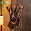 Camisa de Cetim com Cintura Plissada Pesada Emagrecedora Feminina de Verão Cor Sólida Minimalista Top de Estilo Gentil Simples Puro