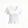 Camiseta Feminina Redonda 220g Algodão de Alta Elasticidade Canelada 1x1 Manga Curta Modelagem Justa Esportiva Casual Pilates Treinamento