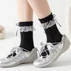 Calcetines Dulces Jk Lolita, Calcetines Delgados y Transpirables de Media Pantorrilla con Borde de Encaje Delicado y Moño, Calcetines Caídos Estilo Academia