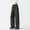 Pantalones grises de pierna recta con cordón y doble bolsillo para mujer, nuevo estilo primavera 2026, simples, modernos, versátiles, pantalones deportivos casuales de pierna ancha