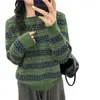 Suéter de jacquard a rayas con cuello redondo para mujer 2026 otoño e invierno nuevo suelto perezoso adelgazante manga larga top de punto base