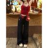Jeans Bordados Retro Sexys de Gato Kt para Mujer Diseño Nuevo Primavera y Verano Costuras a Cuadros Rojos Pantalones Largos Holgados de Pierna Ancha