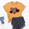 Casal Europeu e Americano Cross-border Dia dos Namorados Solid Color Short-sleeved Stitching Plaid Leopard Love Printed Round Neck T-shirt Casual