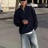Suéter de Gola Alta com Meio Zíper Estilo Old Money, Jaqueta de Mistura de Algodão, Tricô de Estilo Solto e Relaxado, Unissex