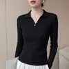 Suéter de punto acanalado estilo francés con cuello polo para mujer, otoño e invierno, con diseño de botones, corte ajustado, versátil, adecuado para el trabajo y como capa base.