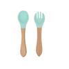 Garfo e Colher de Silicone com Cabo de Madeira para Bebê Utensílios de Mesa Infantis Suplemento Alimentar de Treinamento para Bebês Cabo de Madeira Silicone Macio Colher e Garfo Podem Morder Portátil