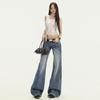 Jeans Anchos de Algodón Lavado con Patrón de Rayos Naranja Infantil # Estilo Americano High Street para Mujer, Diseño Holgado y Ajustado, Pantalones Versátiles de Longitud Completa
