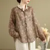 Tiro real 2026 nuevo literario holgado versátil adelgazante fino algodón y lino estampado lino cárdigan camisa cómoda