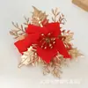 Flores de Glitter Dourado de Natal Venda Quente Transfronteiriça Árvore de Natal de Camada Dupla Tecido de Seda Cabeças de Flores Flores Artificiais Atacado Pequeno Três Folhas
