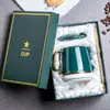Caneca Duas Cores, Xícara de Café Verde Escuro, Caneca de Cerâmica Verde Militar Bronzeada com Tampa, Caixa de Presente com Colher e Bolsa com LOGO Impresso