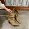 Primer Encuentro Ji Ou Mei Botines de Media Caña Punta Fina Hebilla de Cuero Botas Arrugadas para Mujer Gamuza Tacón de Aguja Alto 2026 Otoño Invierno Botines