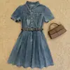 Vestido vaquero retro para mujer, de verano, entallado en la cintura, adelgazante, elegante vestido de línea A, vestido de manga corta juvenil y moderno