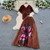 Moda Europeia e Americana Conjunto Feminino Outono Miyake Plissado Slim Decote V Manga Curta Top Plissado Saia Plissada de Cintura Alta