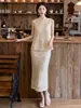 Verano Nuevo Gama Alta Estilo Nacional Nuevo Estilo Chino Bordado Solapa Diagonal Encaje Chaleco Falda Encaje Conjunto Mujer N4005