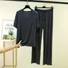 Conjunto de Pijama de Modal para Hombre con Cuello en V, Manga Corta y Pantalón Largo, Verano Delgado, Talla Grande, Camiseta, Pantalón de Pierna Ancha, Conjunto Casual de Dos Piezas
