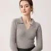 Suéter de cachemira 100% pura con cuello polo para mujer, corte ajustado, elegante, adecuado para el trabajo, capa base de punto