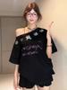Playera Dulce y Picante para Chica, Linda, de Hombro Asimétrico, Manga Corta, Diseño de Verano, Top Negro Nicho Holgado con Hombro Descubierto, Estilo Ins