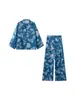 Conjunto de dos piezas para mujer de comercio exterior transfronterizo estilo chino nuevo europeo y americano con estampado, cuello alto vintage, top corto y pantalones de pierna ancha