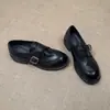 Versão em Couro de Vaca~Couro Genuíno Estilo Britânico Fivela de Metal Mocassins Femininos Bico Redondo Salto Bloco Sapatos Únicos Academia Solado Grosso Sapatos Pequenos de Couro JK