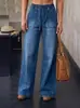 Jeans casuales de pierna ancha con cordón y cintura elástica, estilo europeo y americano, para mujer, color azul lavado, con bolsillos grandes, holgados y rectos