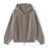 Suéter de malha com capuz e zíper em lã escovada e cashmere, modelagem solta, para mulheres, cardigã de lã solto de outono e inverno para mulheres