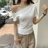 Foto Real # Camiseta de Manga Corta con Hombros Descubiertos para Mujer 2025 Verano Nuevo Diseño Versátil Ajustada con Hombros Descubiertos