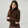 26 Otoño Invierno Nuevo Suéter de Cachemira 100% para Mujer Cuello Alto Color Sólido Canalé Ajustado de Punto Manga Larga Capa Base de Cachemira