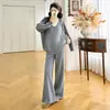 XMF Roupas de Maternidade Estilo Outono Lider Feminina~ Estilo Preguiçoso Manga Longa Cor Sólida Bloco de Cores Decote V Falso Duas Peças Conjunto de Calças Largas