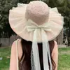 Chapéu de Sol de Verão com Laço para Mulheres, Chapéu de Sol de Palha com Pérolas para Praia, Chapéu de Sol de Aba Larga para Exterior, Chapéu de Palha Doce
