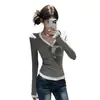 Estilo Novo Outono e Inverno Veludo Alemão Gola V Botões Patchwork Falso Duas Peças Manga Longa Camiseta Slim Fit Afunilamento na Cintura Top Versátil para Mulheres