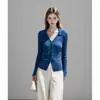 Cárdigan de Punto para Mujer, Otoño, Cuello en V, Cuello Polo, de un Solo Botón, Adelgazante, Manga Larga, Sencillo, para Viajar al Trabajo, Top Elástico