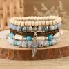 Amazon venta caliente transfronteriza pulsera de cuentas hecha a mano estilo retro para hombre pulsera de línea elástica multicapa con cuentas de madera árbol de la vida