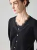 Novo Estilo Outono/Inverno 2026 Suéter de Tricô Feminino 100% Caxemira Pura Renda Francesa Decote V 7 Botões Cardigã Falso Pulôver