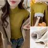 Camiseta Básica Engrosada Forrada de Polar De Rong de Invierno para Mujer, Corte Alto, Ajuste Delgado de Gama Alta, Hombro Normal, Manga Larga, Top Interior Cepillado