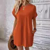 Amazon 2024 Nuevo Vestido Casual de Color Sólido con Cuello Redondo y Manga Murciélago con Bolsillo Invisible Europeo y Americano