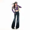 Jeans para mujer transfronterizos, ligeramente acampanados, estilo americano, de doble botón, tiro bajo, lavado azul grisáceo oscuro, pantalones largos, azul grisáceo oscuro, longitud extendida, Yichun