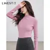 Langwensting Gris Punto de Alta Gama para Mujer 5 Invierno Nuevo Hombro Derecho Aspecto Adelgazante Camiseta Básica de Cuello Alto