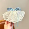 Presilha de Cabelo Infantil com Laço de Renda Xadrez Azul e Branco Estilo Princesa Presilha de Cabelo com Fita na Parte de Trás da Cabeça Super Fada Presilha de Cabelo Acessórios de Cabelo