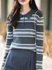 Camiseta de Manga Larga con Cuello Polo Color Block de Rayas de Algodón, Top Versátil Casual Americano para Mujer, Estilo Delgado de Primavera y Otoño, Estilo Perezoso