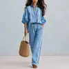 Camisa Feminina Outono 2026 Transfronteiriça Azul Lavado Gola Reversível Listras Verticais Brancas Mangas 3/4 Sino Punhos Elásticos Solta Ombro Caído